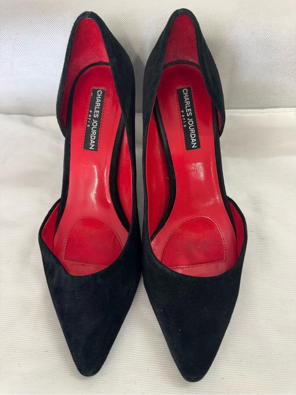 Charles Jourdan Black Suede Pointed Pumps with Red Insole